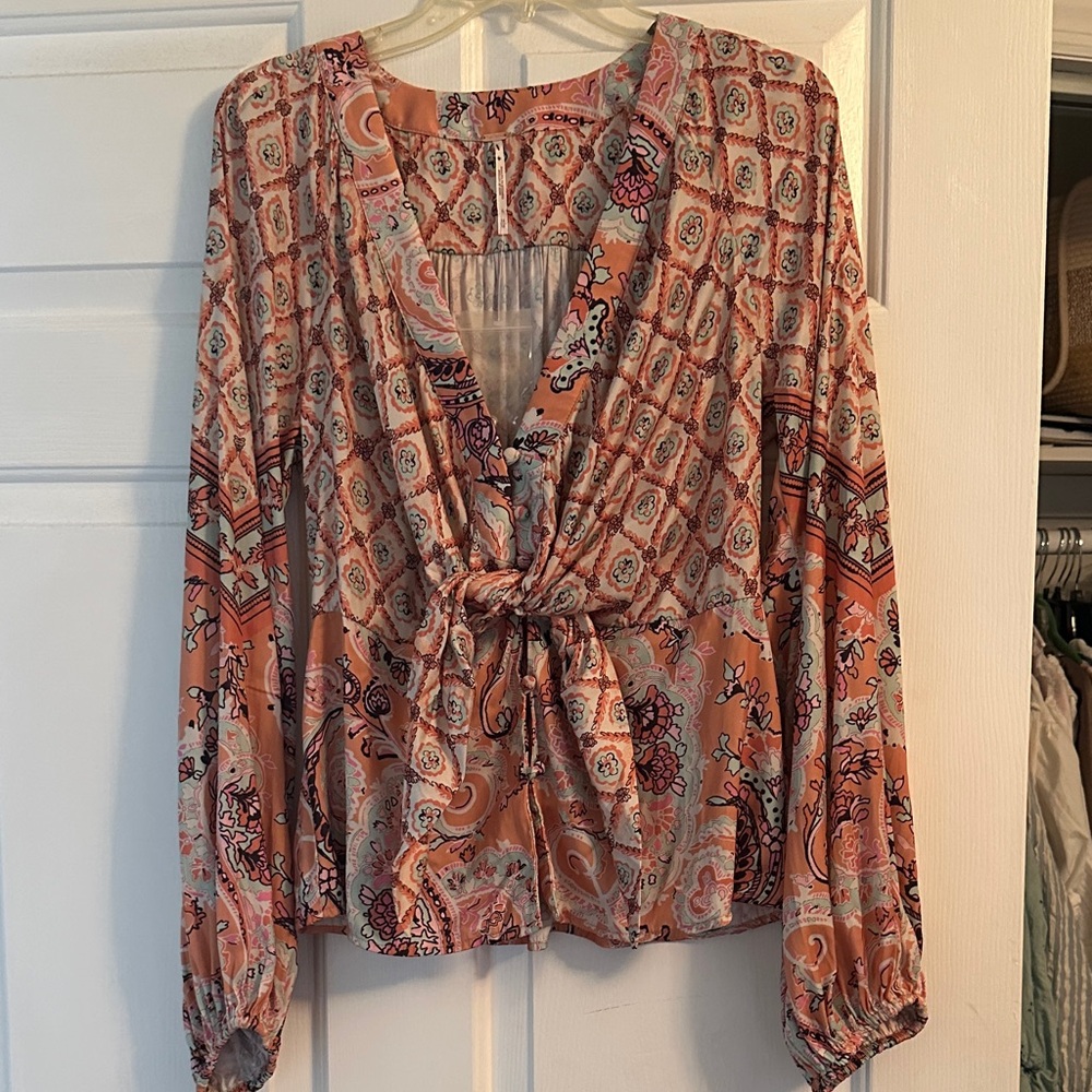 Free People Orange and Pink Patterned Blouse